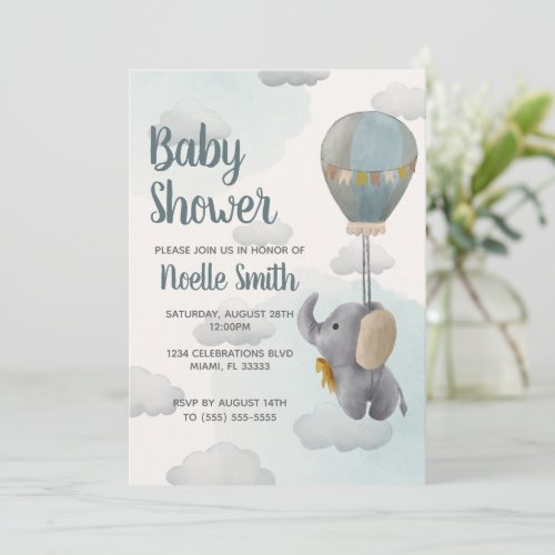 Gray Baby Elephant Hot Air Balloon in Clouds Invitation