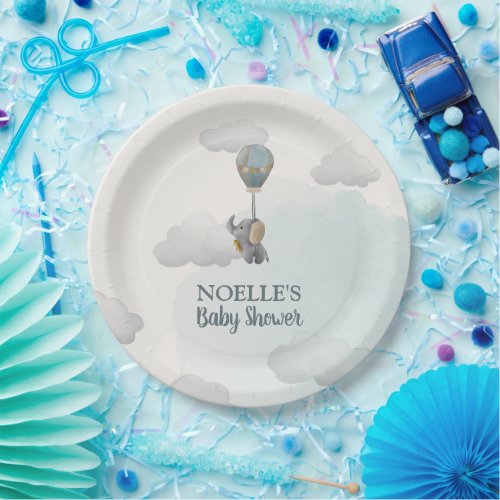 Gray Baby Elephant Hot Air Balloon in Clouds Paper Plates