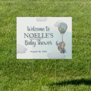 Gray Baby Elephant, Hot Air Balloon in Clouds Sign