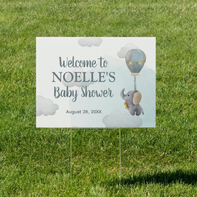 Gray Baby Elephant, Hot Air Balloon in Clouds Sign (Insitu)