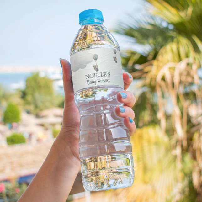 Gray Baby Elephant, Hot Air Balloon in Clouds Water Bottle Label (Creator Uploaded)