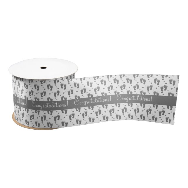 Gray Baby Footprints and Hearts Satin Ribbon (Spool)