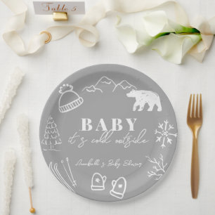 Gray Baby It's Cold Outside Hand-drawn Baby Shower Paper Plates