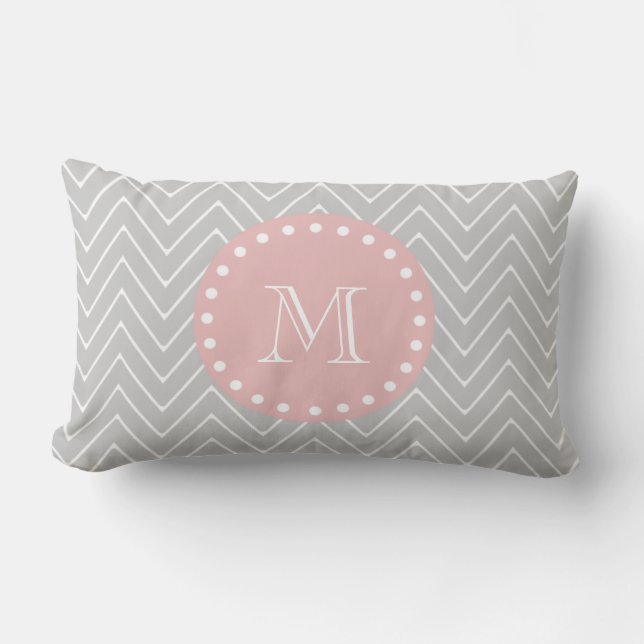 Gray & Baby Pink Modern Chevron Custom Monogram Lumbar Pillow (Front)