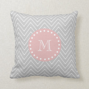 Gray Baby Pink Modern Chevron Custom Monogram Throw Pillow