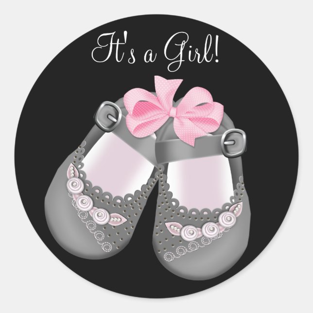 Gray Baby Shoes Pink Black Baby Shower Stickers (Front)