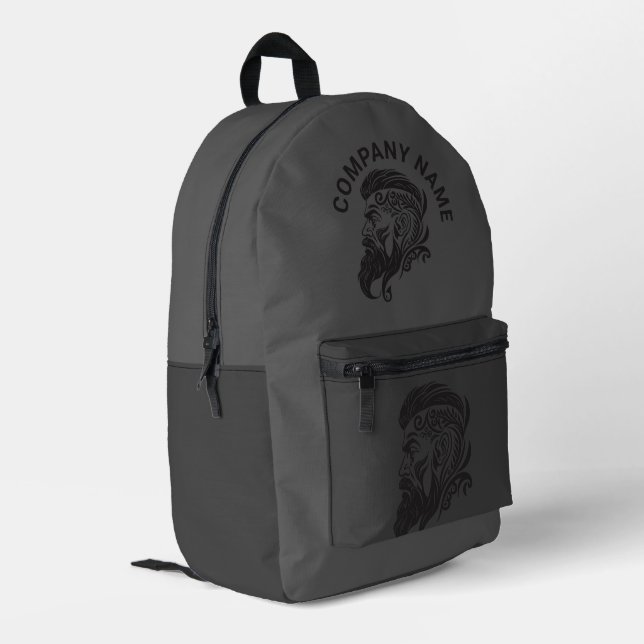 Gray background, black barber logo custom text printed backpack (Back Corner Left)