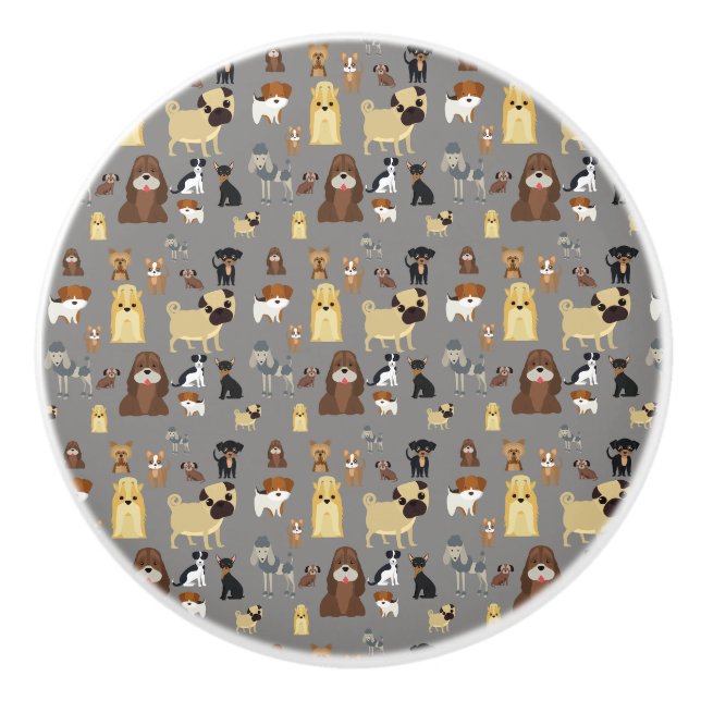 gray background dogs pattern. ceramic knob (Front)
