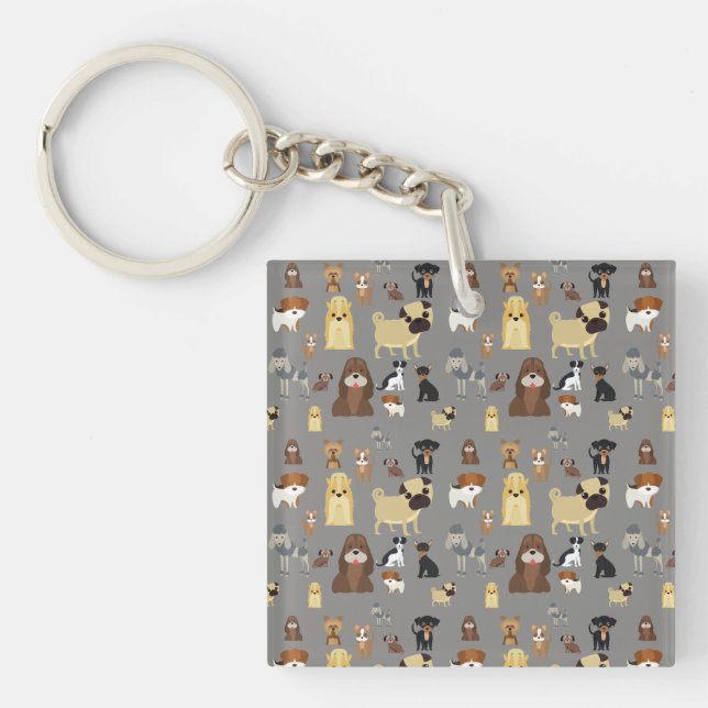 gray background dogs pattern. keychain (Front)
