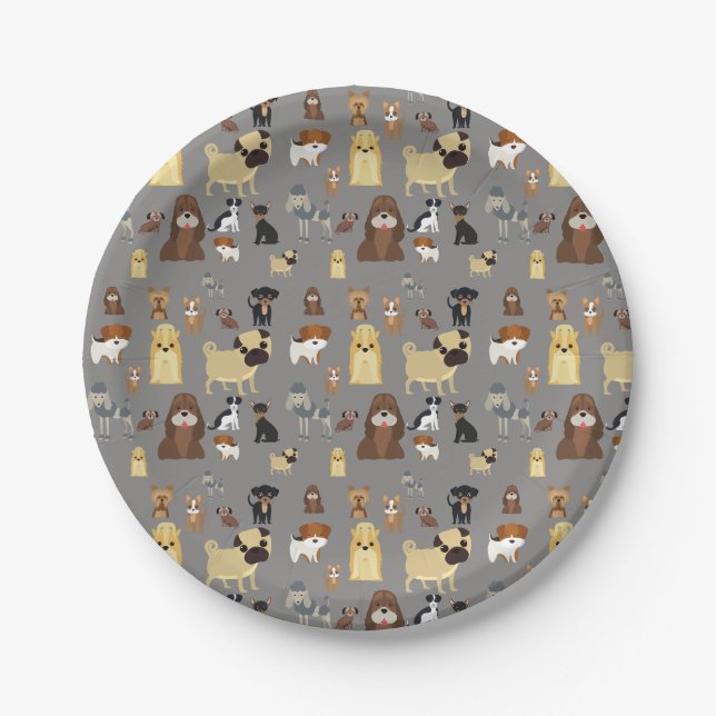gray background dogs pattern paper plates (Front)
