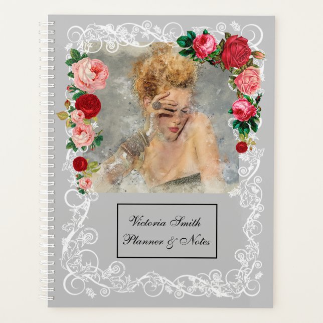 Gray background Girl Fashion Modern Elegant Planner (Front)