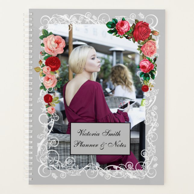 Gray Background Girl Fashion Modern Elegant Red Planner (Front)