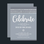 Gray Bar Mitzvah Silver Tallit Bold Modern Simple Enclosure Card<br><div class="desc">Be proud, rejoice and showcase this milestone of your favorite Bar Mitzvah! Include this cool, unique, modern, personalized insert for additional information to your event. Bold, white script typography, Star of David and a soft gray and silver glitter striped tallit inspired graphic overlay a simple, lighter soft gray background. Personalize...</div>