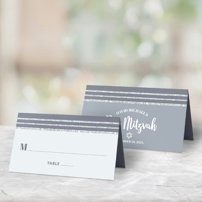 Gray Bar Mitzvah Silver Tallit Bold Script Modern Place Card (Creator Uploaded)
