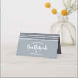 Gray Bar Mitzvah Silver Tallit Bold Script Modern Place Card<br><div class="desc">No Bar Mitzvah party is complete without personalized place cards. Let your favorite Bar Mitzvah be proud, rejoice and celebrate his milestone at his perfectly coordinated party. Bold, dark gray typography and a dark gray and faux silver glitter striped tallit inspired graphic overlay a simple, soft, light gray background. On...</div>