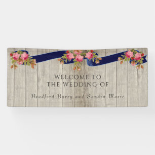 Gray Barn Wood Navy Blue Pink Rose Rustic Wedding Banner