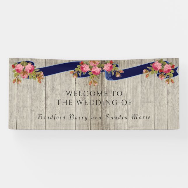 Gray Barn Wood Navy Blue Pink Rose Rustic Wedding  Banner (Horizontal)