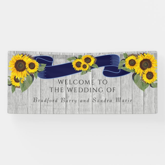 Gray Barn Wood Navy Blue Sunflower Rustic Wedding Banner (Horizontal)