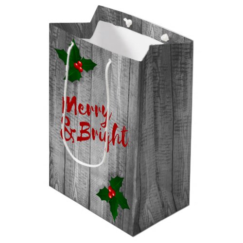 Gray Barn Wood Planks Merry  Bright Christmas Medium Gift Bag