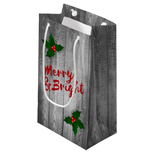 Gray Barn Wood Planks Merry & Bright Christmas Small Gift Bag (Front Angled)