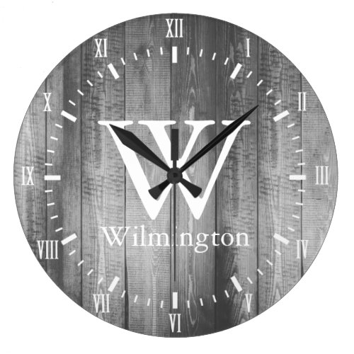 Gray Barn Wood Planks White Roman Numerals Name Large Clock