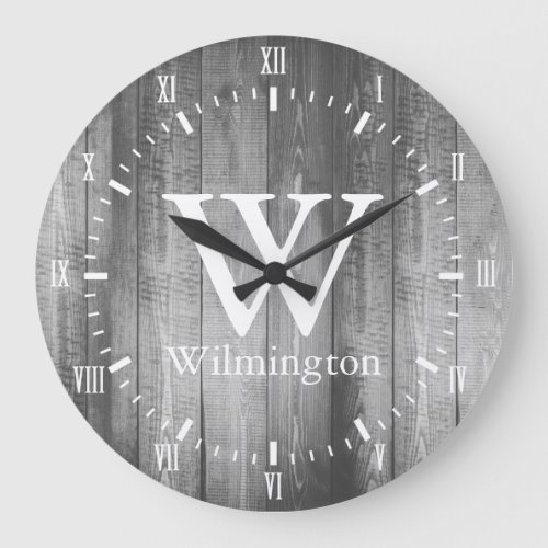 Gray Barn Wood Planks White Roman Numerals Name Large Clock