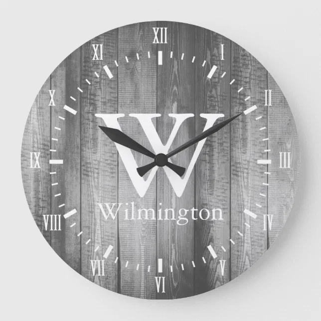 Gray Barn Wood Planks White Roman Numerals Name Large Clock | Zazzle