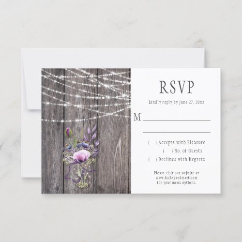 Gray Barn Wood Violet Lavender Flowers Mason Jar RSVP Card