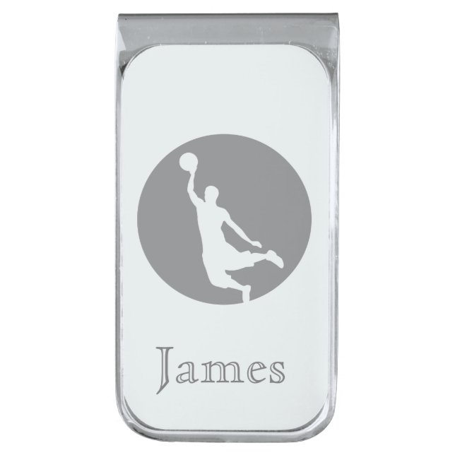 Gray Basketball Circle Logo Personalized Silver Finish Money Clip (Front Vertical)