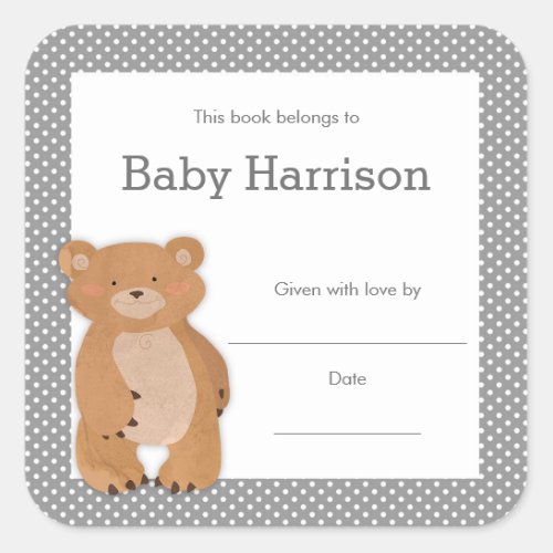 Gray Bear Baby Shower Bookplate neutral book Square Sticker