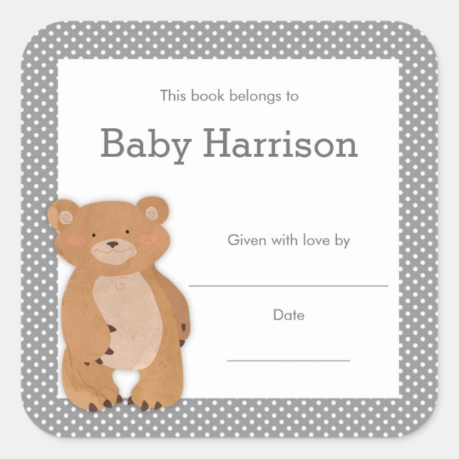 Gray Bear Baby Shower Bookplate, neutral book Square Sticker (Front)