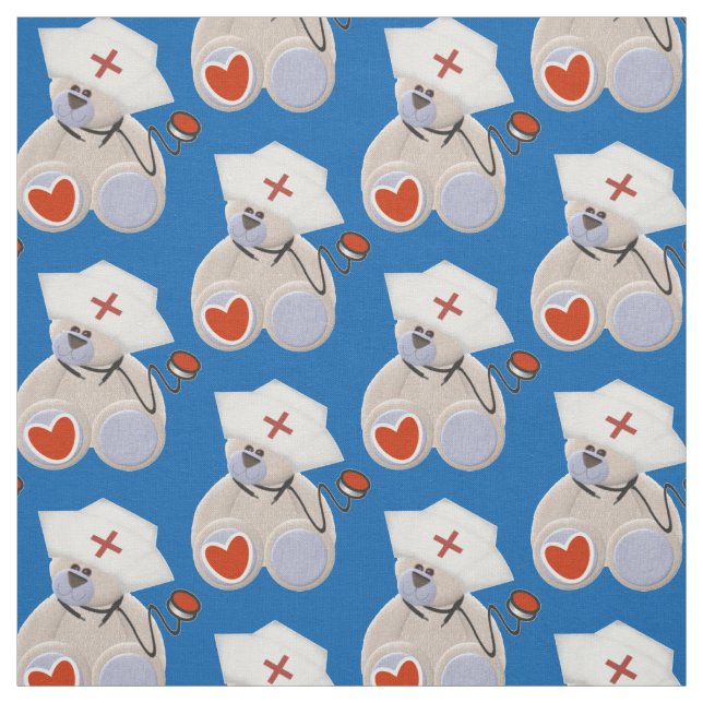 Gray Bear Nurse With Stethoscope Heart and Hat Fabric (Swatch)