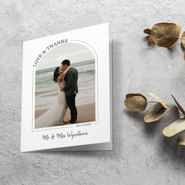Gray Beautiful Arch Wedding Photo Love & Thanks Thank You Card (Creator Uploaded)