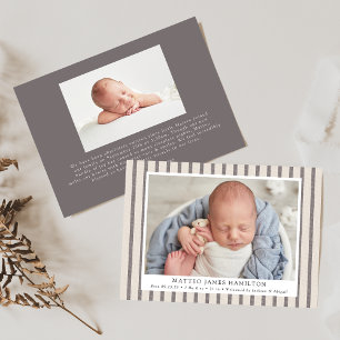 Gray & Beige Farmhouse Linen Stripes Photo Birth Announcement