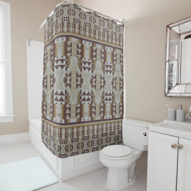 Gray Beige Khaki Taupe Brown Tribal Art Shower Curtain (In Situ)