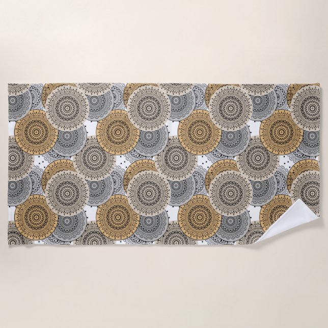 Gray beige pattern arabic mandala oriental style beach towel (Front)