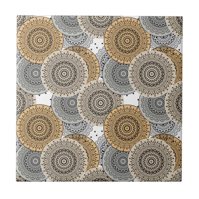 Gray beige pattern arabic mandala oriental style ceramic tile (Front)