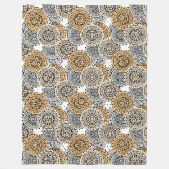 Gray beige pattern arabic mandala oriental style fleece blanket (Front)