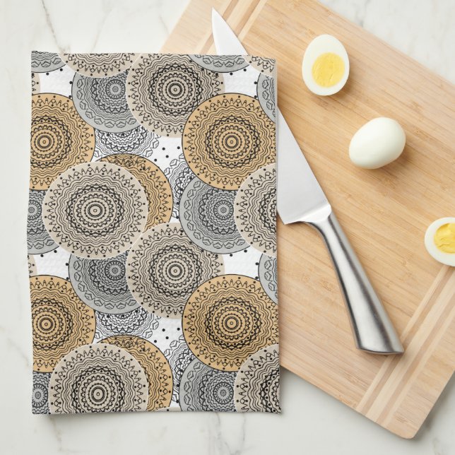 Gray beige pattern arabic mandala oriental style kitchen towel (Quarter Fold)