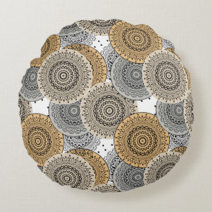 Gray beige pattern arabic mandala oriental style round pillow