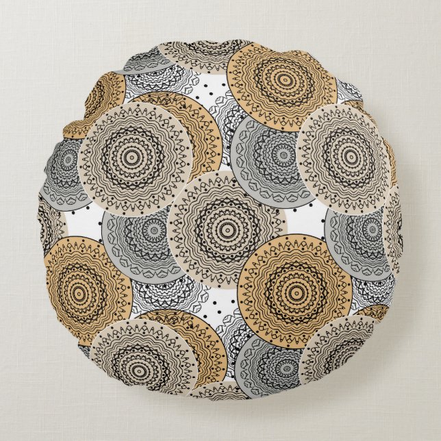 Gray beige pattern arabic mandala oriental style round pillow (Front)