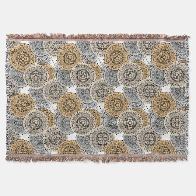 Gray beige pattern arabic mandala oriental style throw blanket (Front)
