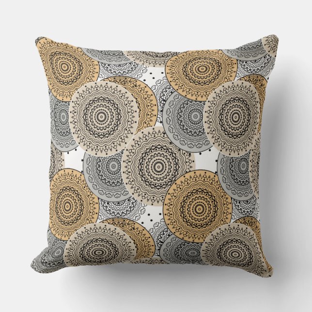 Gray beige pattern arabic mandala oriental style throw pillow (Front)