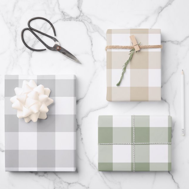 Gray Beige Sage Green Gingham Check Plaid Wrapping Paper Sheets (Front)