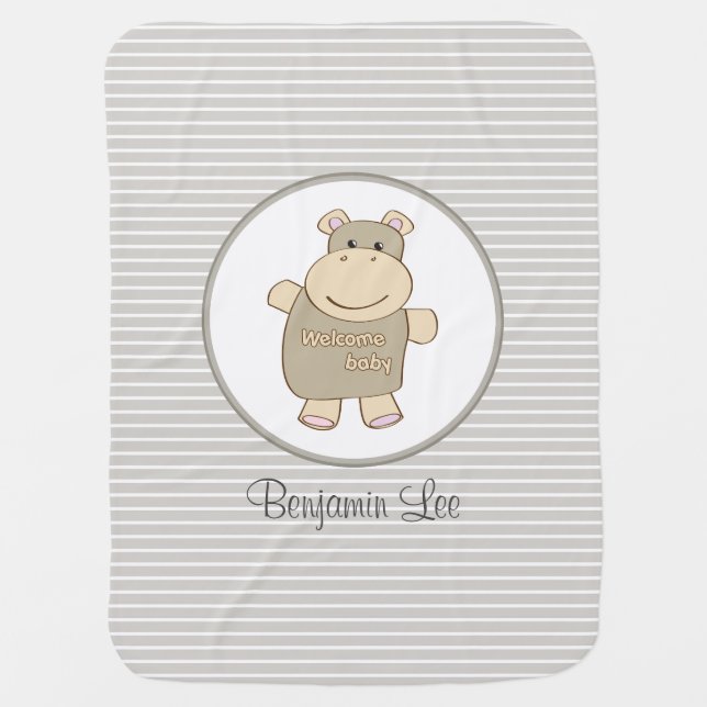 Gray Beige Stripes Hippopotamus Monogrammed Baby Blanket (Front)