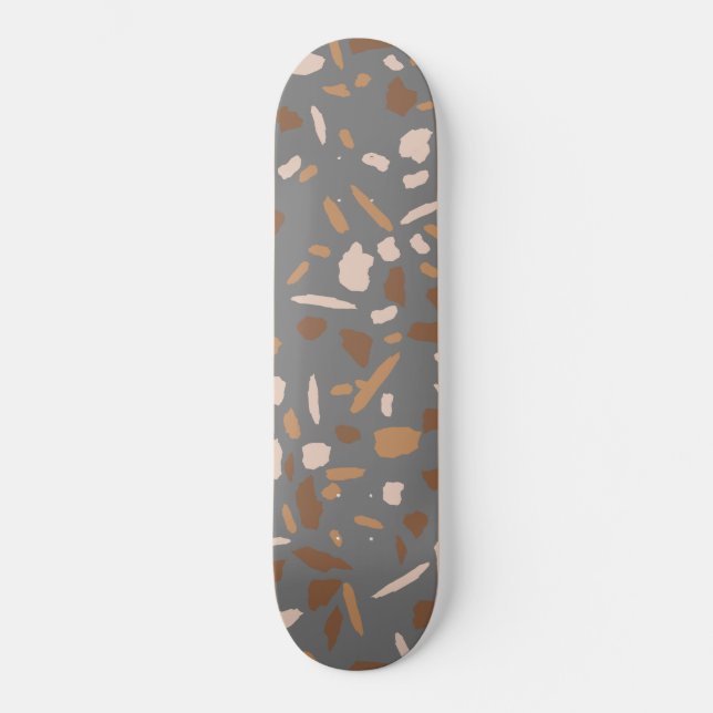 Gray Beige Tan Brown Terrazzo Marble Pattern Skateboard (Front)