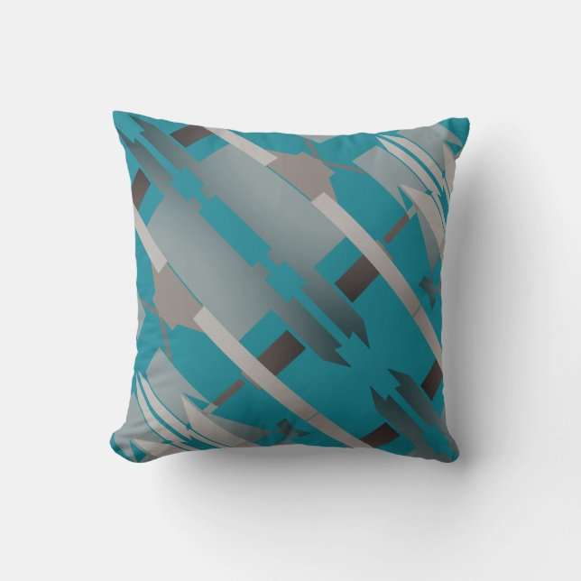 Gray Beige Turquoise Southwest Look Slanted Mosaic Throw Pillow (Front)