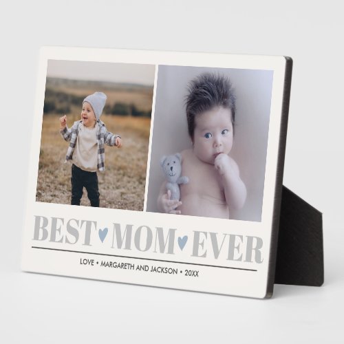 Gray BEST MOM EVER collage 2 Photo Blue Hearts  Plaque