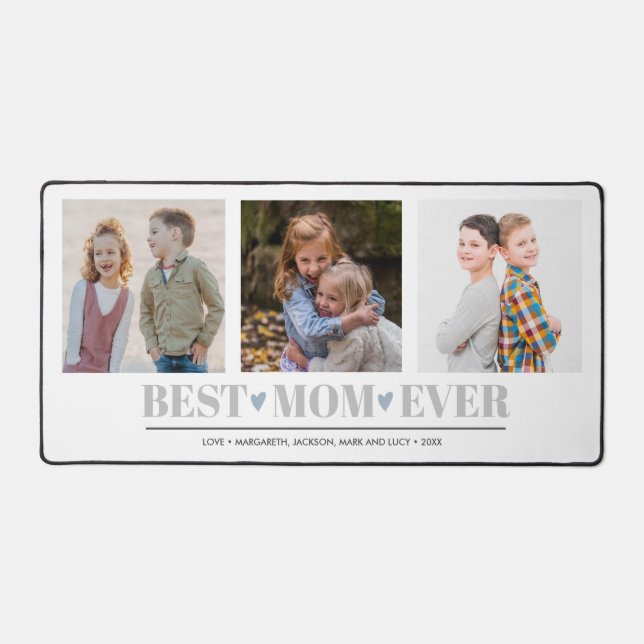 Gray BEST MOM EVER collage 3 Photo BLUE Hearts Desk Mat (Front)