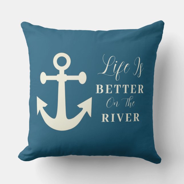Gray biege Life Is Better On The River Outdoor Pillow (Front)